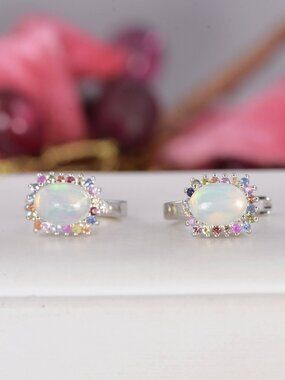 Natural Ethopian Opal Hoop Earrings 925 Sterling Silver